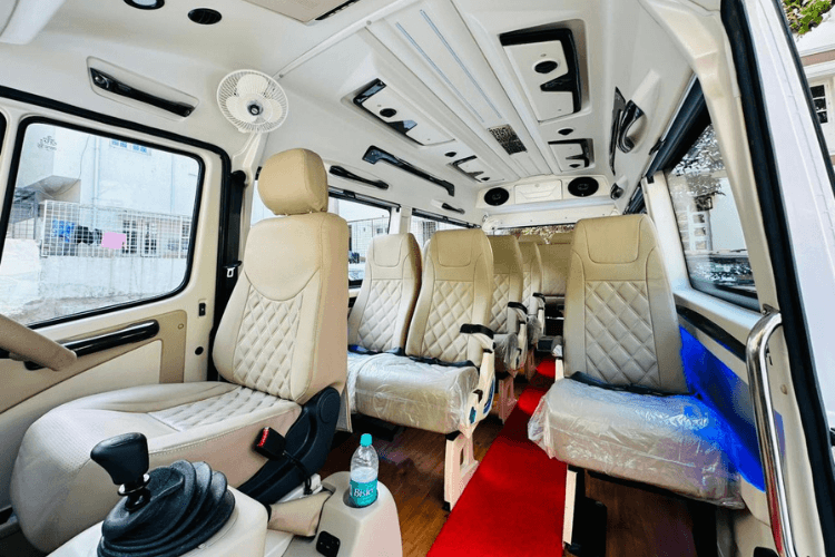 Interior seating in a 12 seater Tempo Traveller